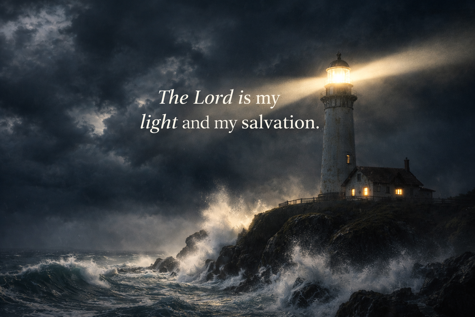 Lighthouse beam cutting through storm and fog at night, waves crashing on rocks below, dramatic atmosphere, background for Bible verse -- HD wallpaper